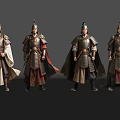 Four Men in Ancient Decorative Armor With Varied Colors Standing in a Row
