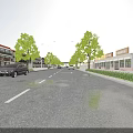 Scenic Commercial Street With Retail Shops Parked Cars And Green Trees