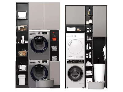 Modern Bathroom Cabinet Rack With Washing Machine Dryer And Storage Shelves 3d model