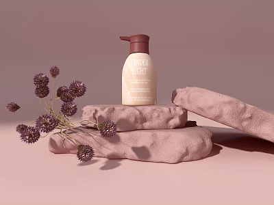 GENTLE CRAFT Gentle Lotion With Purple Dried Flowers And Pink Fabric On Soft Pink Background 3d model