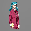 Anime Game Character With Blue Pigtail Hair In Red Chinese Outfit Holding Glowing Yellow Flower