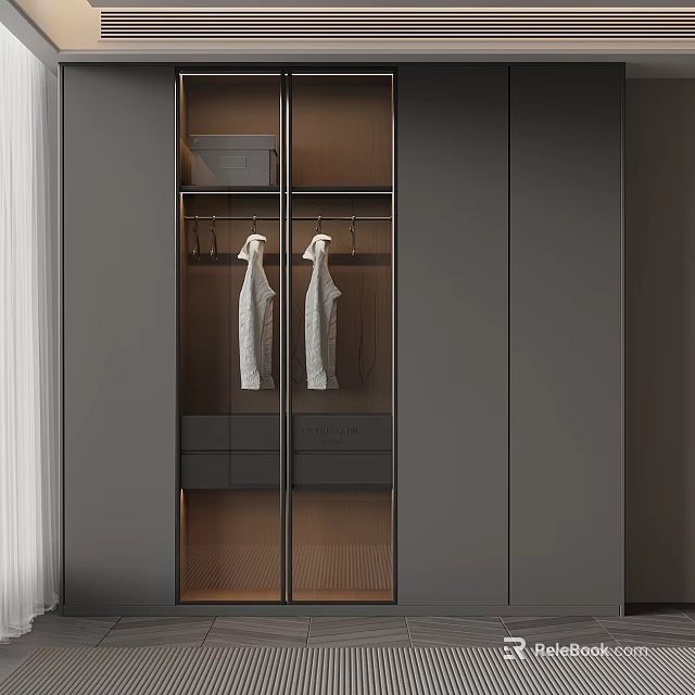 Modern Wooden Wardrobe Interior With Glass Doors Hanging Clothes And Shelves 3d model 
