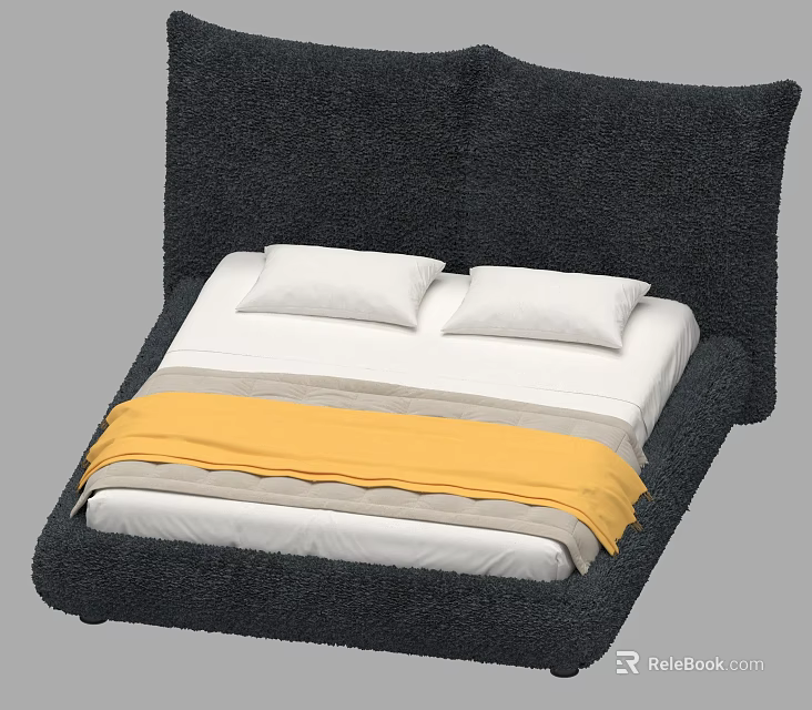Double Bed Interior Dark Plush Headboard Two White Pillows White Gray Bedding Yellow Blanket 3d model 