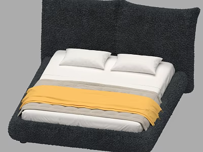 Double Bed Interior Dark Plush Headboard Two White Pillows White Gray Bedding Yellow Blanket 3d model