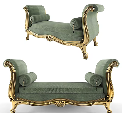 Luxurious Green Two Seater Sofa With Gold Carved Frame And Rolled Arms 3d model