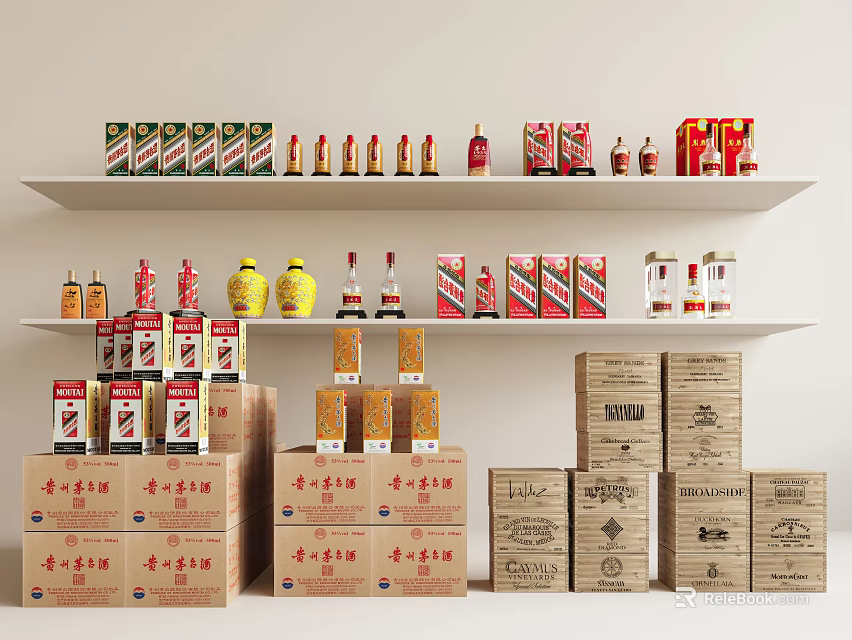 Functional Liquor Cabinet With Multiple Shelves Holding Bottles And Storage Boxes 3d model