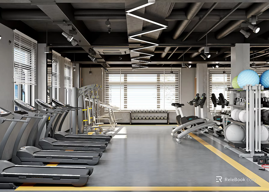 Modern Gym Interior With Treadmills Dumbbells Exercise Balls And Fitness Equipment 3d model 