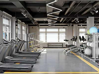 Modern Gym Interior With Treadmills Dumbbells Exercise Balls And Fitness Equipment 3d model