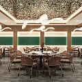 Elegant Luxurious Banquet Hall Interior With Decorative Ceiling Landscape Painting And Round Dining Tables