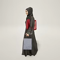 Woman in Black Abaya and Hijab Holding Red Bag and Blue Handbag Against Light Background