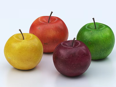 Four Fresh Apples of Different Colors Placed on White Background 3d model