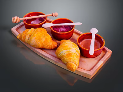 Fresh Croissants With Honey From Bees And Colorful Sauces On Wooden Tray 3d model
