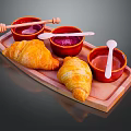 Fresh Croissants With Honey From Bees And Colorful Sauces On Wooden Tray