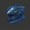 Futuristic Weapon Helmet with Metallic Shell Blue Orange Glowing Lights and Advanced Design
