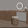 Modern Wooden Dressing Table With Round Mirror Woven Stool And Table Lamp 3d model