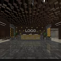 Modern Hotel Lobby Featuring Geometric Square Ceiling Design Reception Desk Marble Floor And Wooden Walls