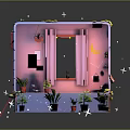 Cartoon Scene Of Box Shaped Room With Pink Purple Bed Plants Mirror And Stars
