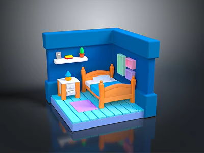 Small Blue Room Model with Orange Bed Nightstand Bookshelf and Colorful Items 3d model