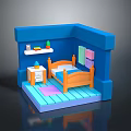 Small Blue Room Model with Orange Bed Nightstand Bookshelf and Colorful Items