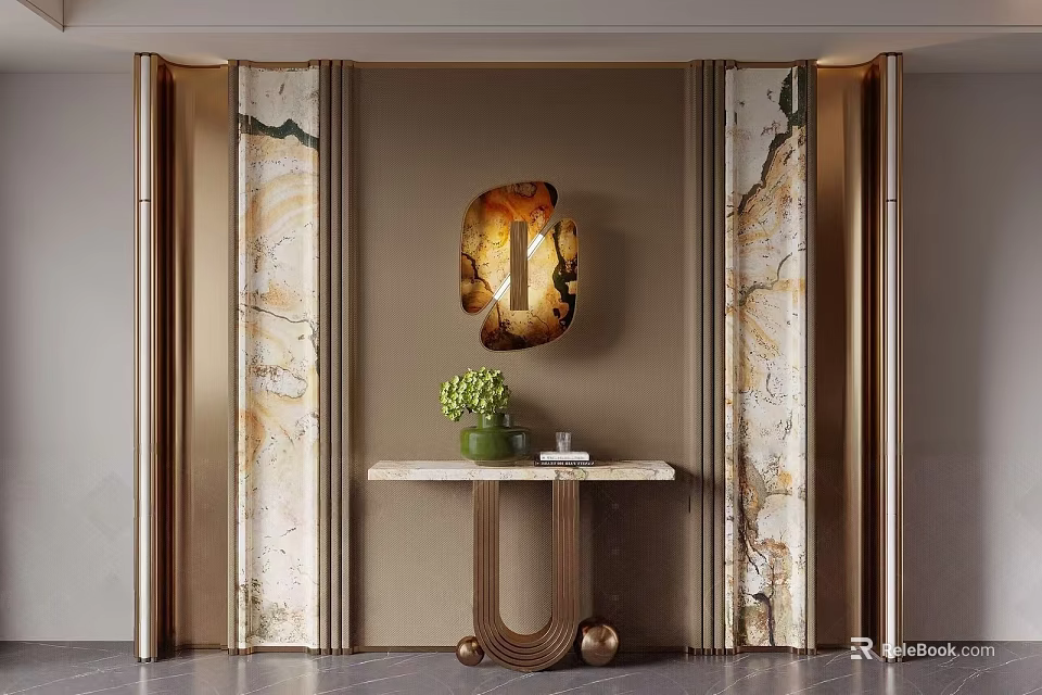 Luxurious Entryway Design With Marble Walls Decorative Mirror And Console Table 3d model