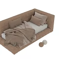 Upholstered Kids Bed in Brown and Beige Colors with Pillows and Blanket