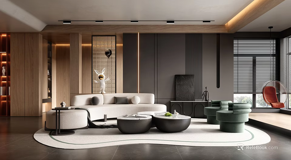 Modern Living Room Interior With Beige Sofa Black Coffee Tables Green Chairs And Wooden Accents 3d model 
