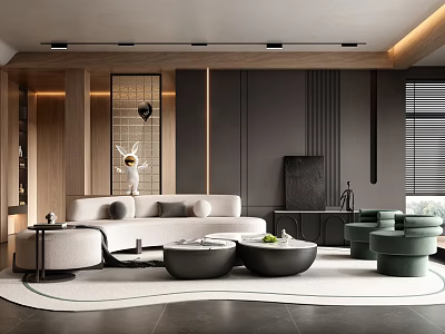 Modern Living Room Interior With Beige Sofa Black Coffee Tables Green Chairs And Wooden Accents 3d model
