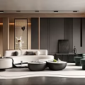 Modern Living Room Interior With Beige Sofa Black Coffee Tables Green Chairs And Wooden Accents