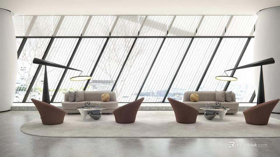 Modern Living Room Interior Sofa Coffee Table Set With Large Windows And Pendant Lights 3d model 