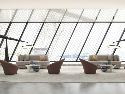 Modern Living Room Interior Sofa Coffee Table Set With Large Windows And Pendant Lights 3d model