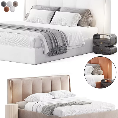 Modern Double Bed With Tufted Beige Headboard White Sheets Gray Blanket And Decorative Pillows 3d model