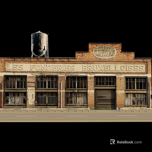 Urban Road Facilities With Pavement Curbs Adjacent Historic Factory Building And Water Tower 3d model 