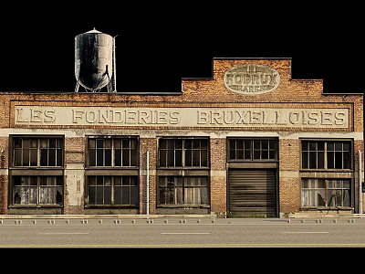 Urban Road Facilities With Pavement Curbs Adjacent Historic Factory Building And Water Tower 3d model