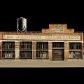 Urban Road Facilities With Pavement Curbs Adjacent Historic Factory Building And Water Tower