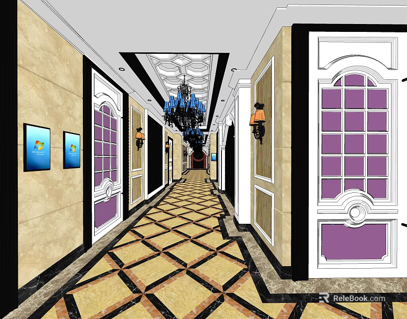 Luxurious KTV Corridor With Chandelier Decorative Paintings Purple Doors And Patterned Floor 3d model 