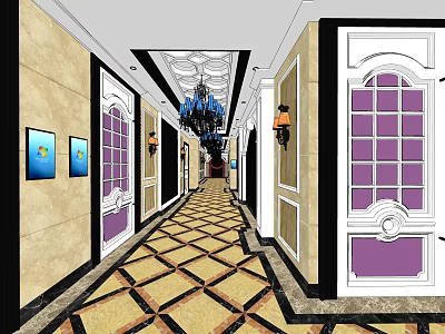 Luxurious KTV Corridor With Chandelier Decorative Paintings Purple Doors And Patterned Floor 3d model