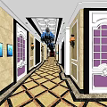 Luxurious KTV Corridor With Chandelier Decorative Paintings Purple Doors And Patterned Floor