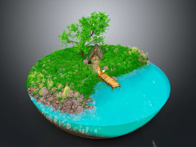 Cartoon Scenic Round Island With Green Grass Tree Small Cabin Wooden Bridge And Blue Water 3d model