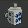 Gray Cubic Industrial Component With Blue Hexagonal Holes Top Cylindrical Part And Side Metal Fitting