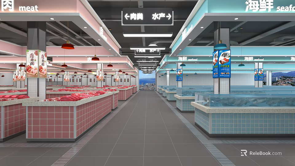 Supermarket Fresh Food Section With Meat Counter Seafood Display Glass Cases And Lighting 3d model 
