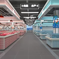 Supermarket Fresh Food Section With Meat Counter Seafood Display Glass Cases And Lighting