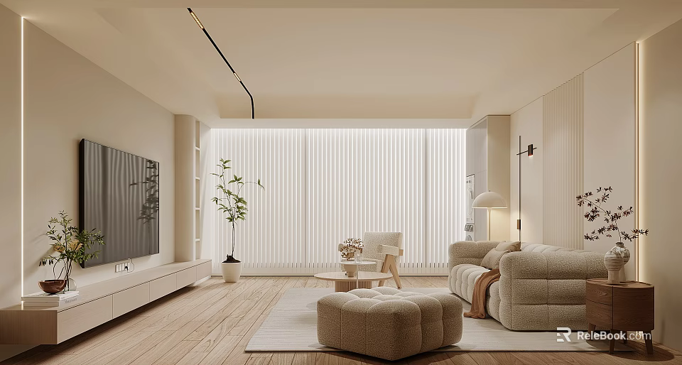 Modern Living Room Interior Design With Beige Sofa Wooden Floor And Floor to Ceiling Blinds 3d model 