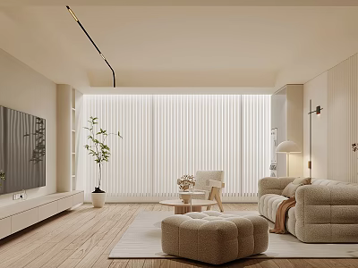 Modern Living Room Interior Design With Beige Sofa Wooden Floor And Floor to Ceiling Blinds 3d model