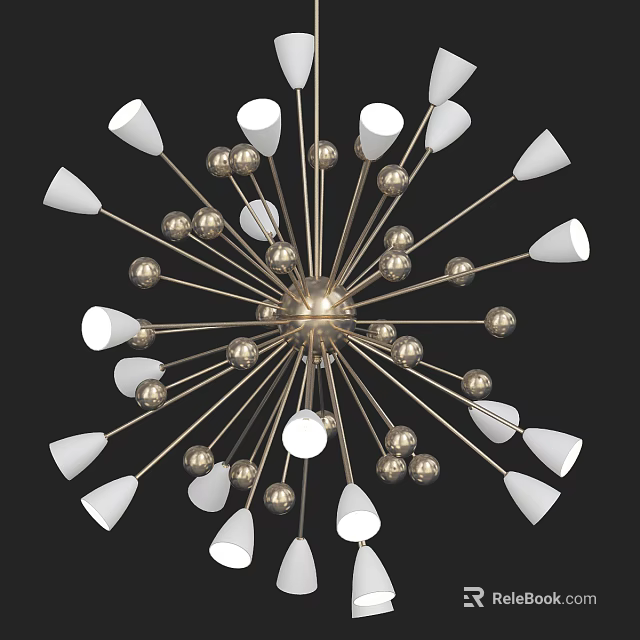 Modern Artistic Chandelier With Metal Frame White Cone Elements And Golden Spheres 3d model 