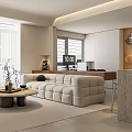 Modern Dining And Kitchen Interior With White Cabinets Wooden Countertops Round Table Pendant Light