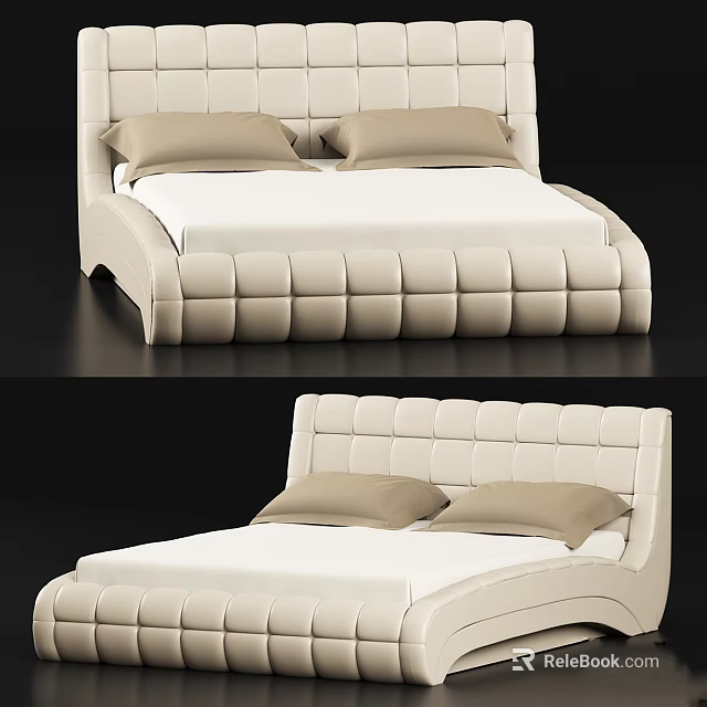 Modern Cream Upholstered Bed With Tufted Headboard And Double Pillows 3d model