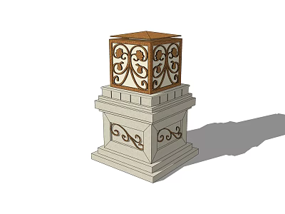 Ornate Outdoor Light with Square Top Iron Decoration and Carved Stone Base for Garden Use 3d model