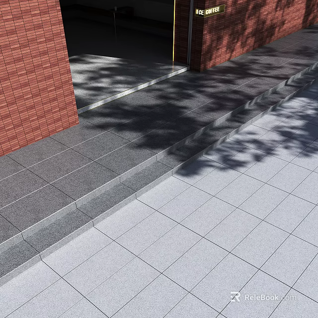 Gray And Light Gray Plaza Paving With Red Brick Walls Steps And Tree Shadows 3d model 