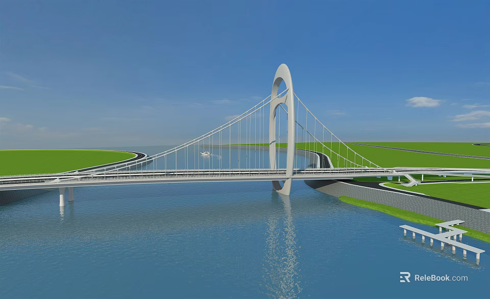 Modern Cable Stayed Bridge Structure Spanning Water With Green Grass And Blue Sky Reflection 3d model 