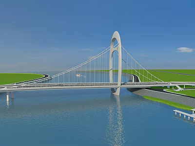 Modern Cable Stayed Bridge Structure Spanning Water With Green Grass And Blue Sky Reflection 3d model